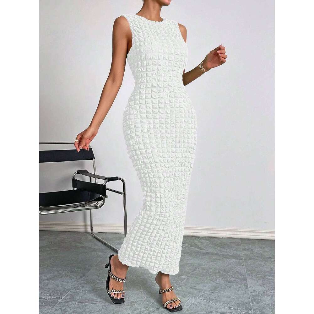 Waffle round neck sleeveless high-elastic solid color dress XJ260131