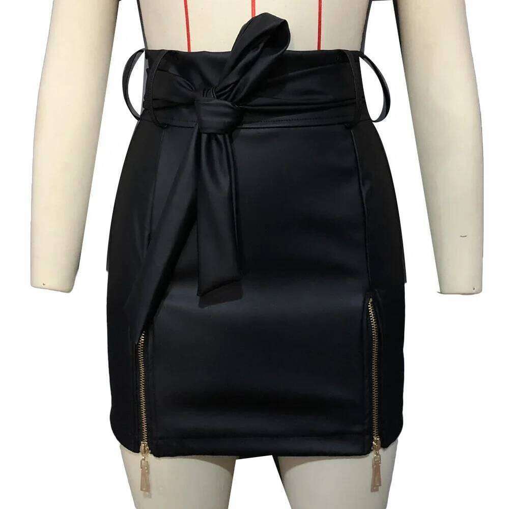 Pencil Black PU Split Sheath Wrap Skirts Faux Leather Zippers High Waist Belt Mini Skirt XJ260131