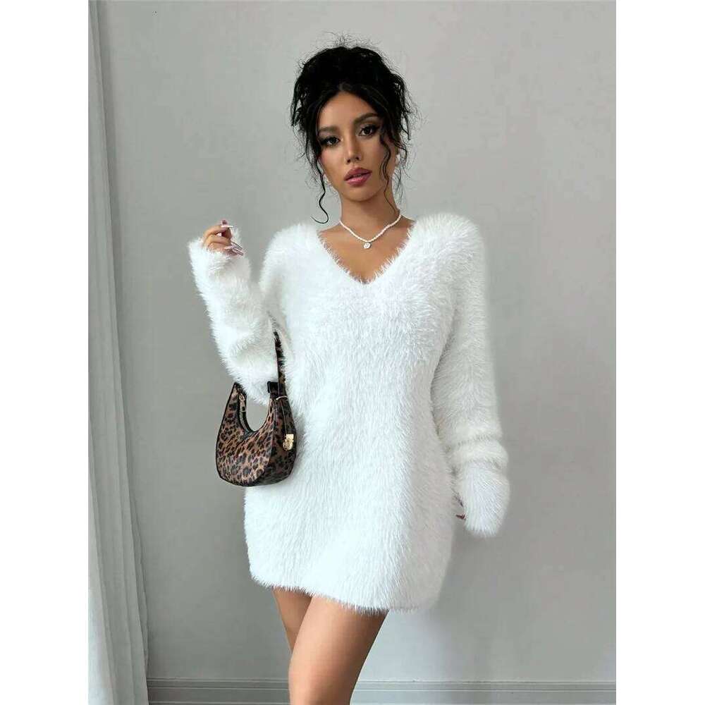 O Neck Long Sleeve Women's Plush Dress Sweater Autumn Winter New Style Cross-Border Fashion Elegant Vestidos Female Garment XJ260131