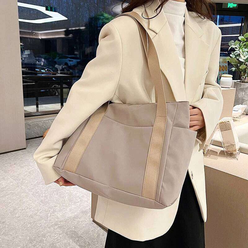 Nylon Simple Women Large Capacity Tote Shopper Solid Color Travel Shoulder Bag