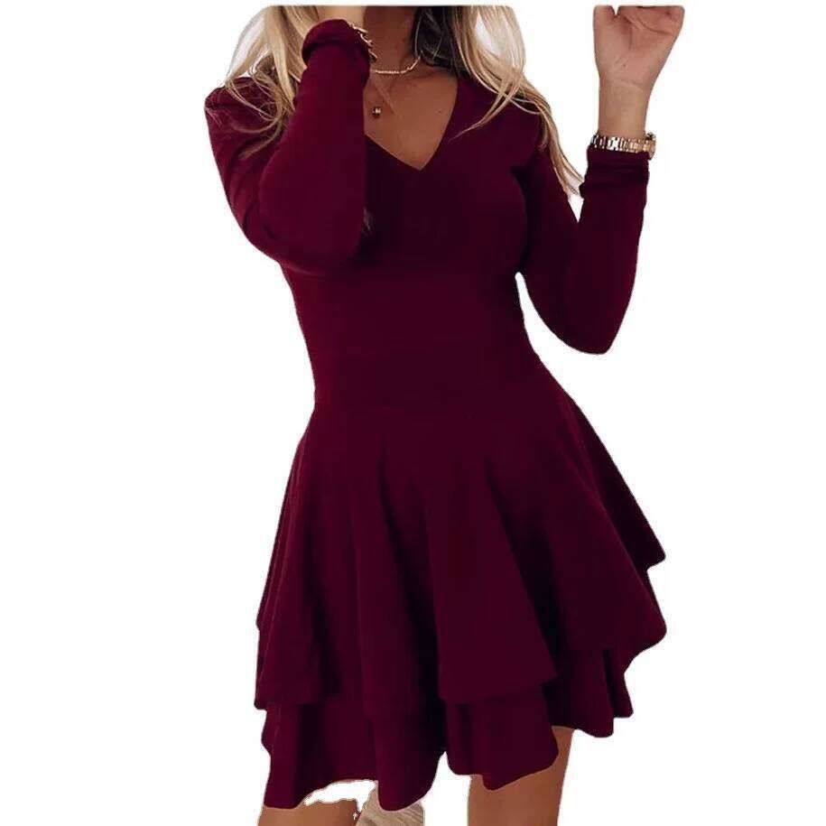New V-neck Solid Color Mid-waist Pullover Spliced Bottom Fashionable Versatile Style Long-sleeved Women's Dress XJ260131