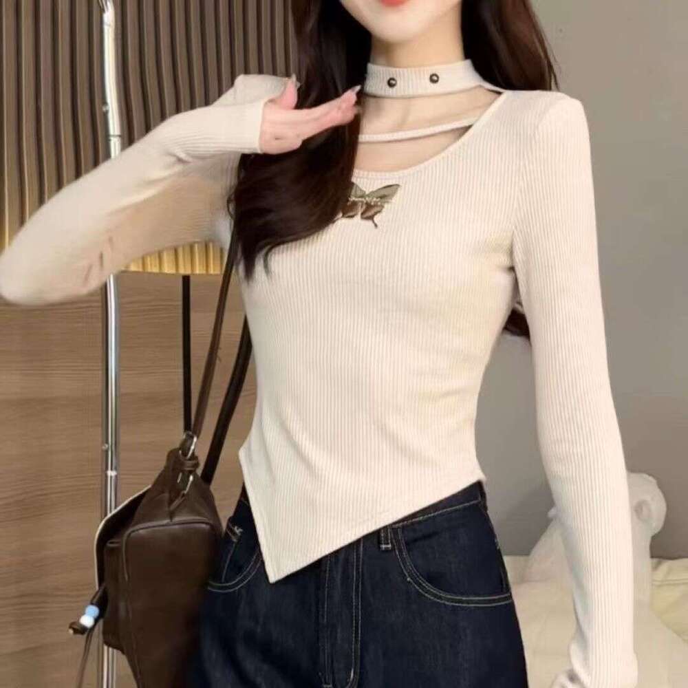 Irregular Bowknot U-Neck Long Sleeve T-Shirt For Women, Spring, Autumn, Winter, High-End, Pure Desire, Slim Fit, Regular Shoulder, Base Shirt, Top