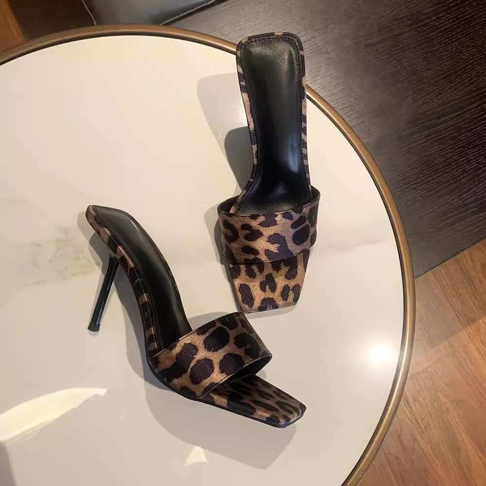 2026 New Satin Leopard Print One-Strap Sandals for Women Sexy High Heels Square peep Toe Elegant Design Shoe Slippers