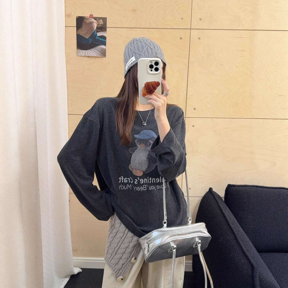 South Korea Dongdaemun Cashmere Texture Blue Hat Penguin Print Lazy Style T-Shirt For Women Autumn Winter New Long Sleeve Top