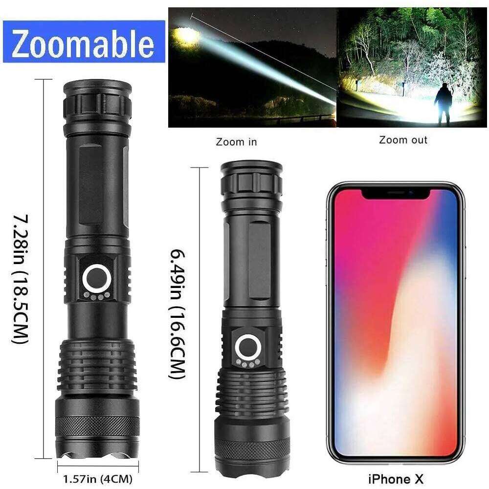 High Power XHP70 LED Flashlight Type-c Rechargeable Aluminium Alloy Torch Zoom Hand Lantern For Camping, Outdoor Emergency H260131