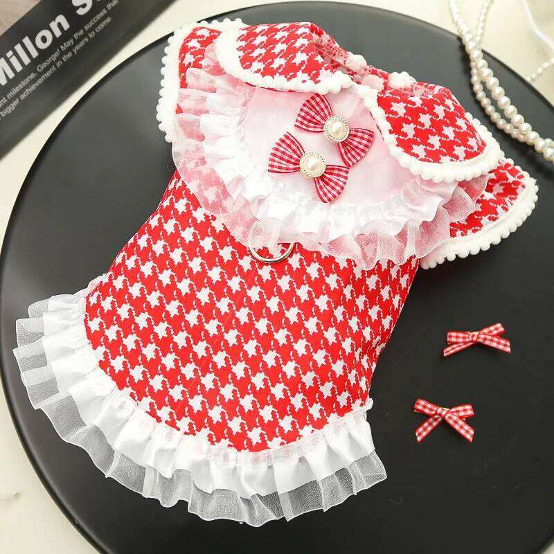 Cute Bow Summer Princess Dog Cat Houndstooth Traction Lace Stitching Dress Pet Clothes XS-4XL Size H260129