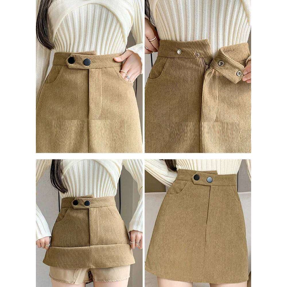Khaki High Waisted Casual Corduroy Pencil Woman Autumn Winter Slim Hot Sweet Short A-line Skirt Female XJ260131