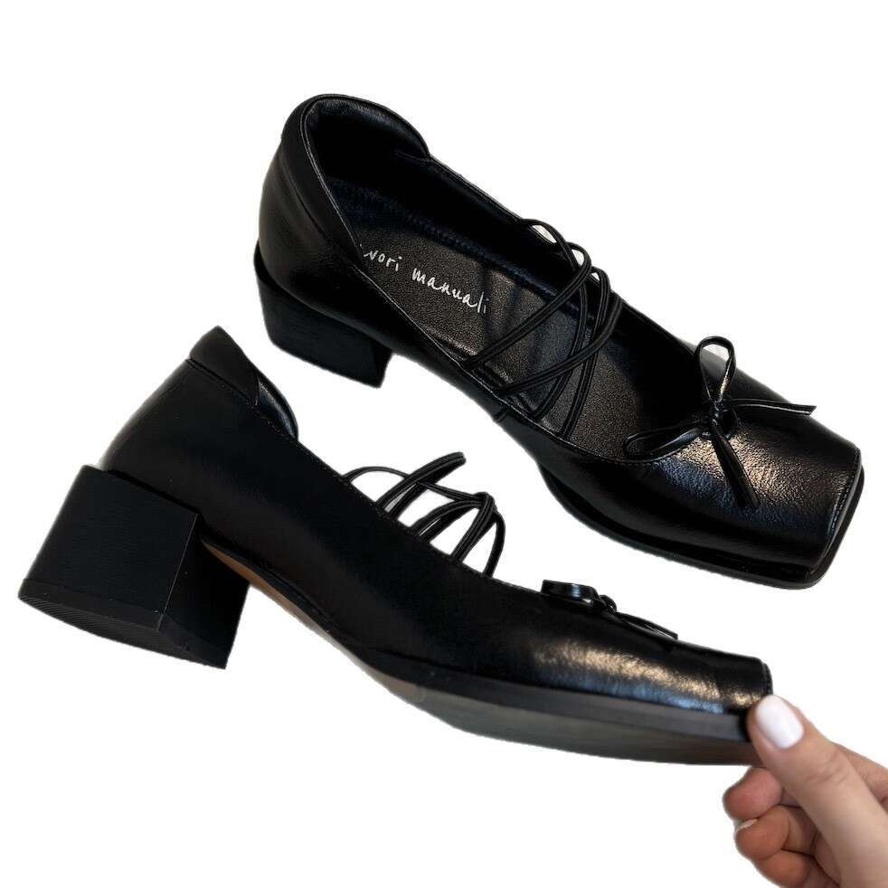 Sheepskin Version~ "Square Toe Ballet" Cross Lace Summer Soft Leather Retro Bow Mary Jane Shoes L260131