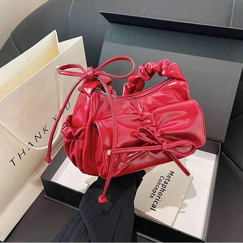 Cute Bow Design PU Leather Crossbody Bags for Women 2026 Y2K Trend Fashion Pleated Shoulder Bag Lady New Handbags and Purses