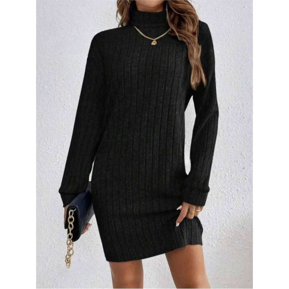 Autumn Winter Woemn Casual Trutleneck Long Sleeve Solid Knitted Dress 2024 New Fashion Loose Comfortable Dresses Female XJ260131