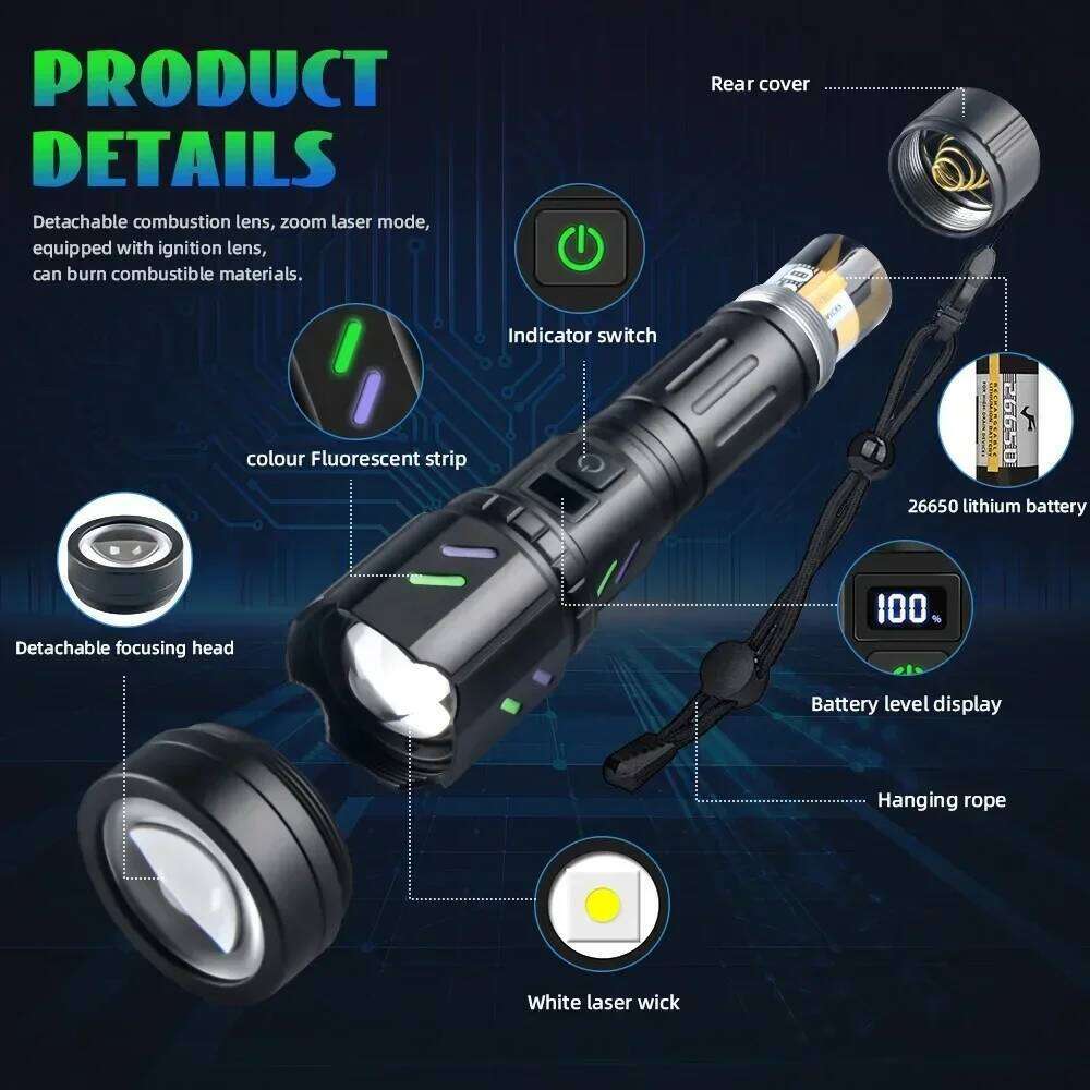 Bright LED White Laser Flashlight By 26650 Battery Zoom Tactical Torch with Ignition Lens for Outdoor Camping Emergency Lantern H260131