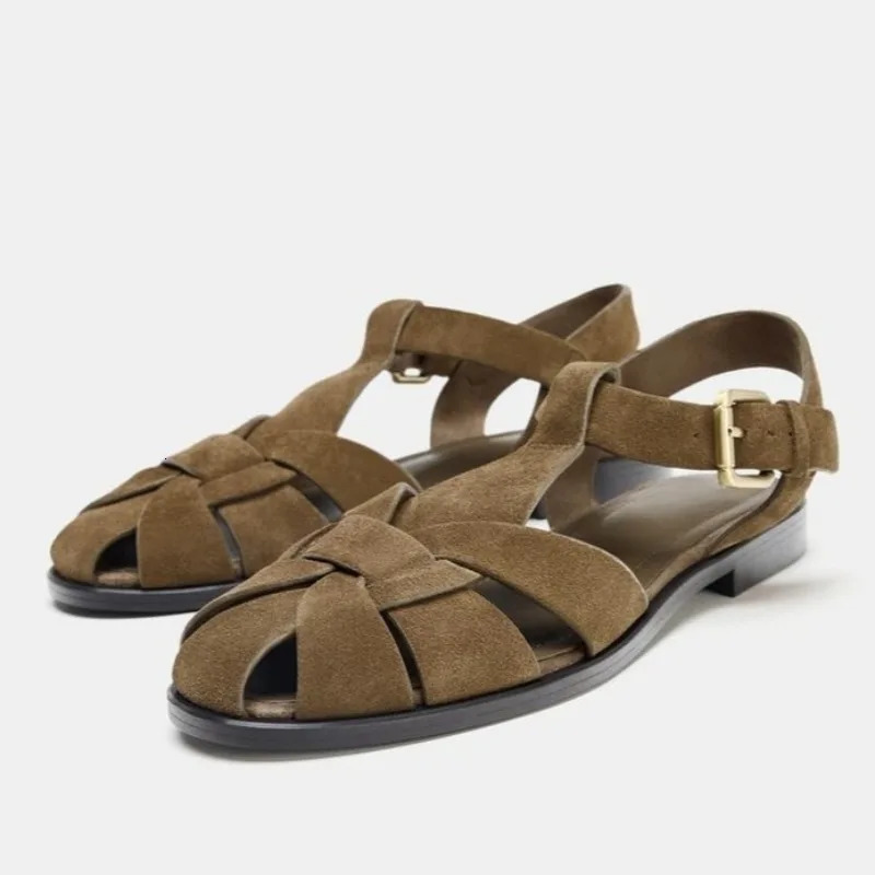 Suede Weavev Sandal Retro Metal Buckle Gladiator Shoes Hollow Fashion Flat Beach Female Zapatos De Mujer 260126