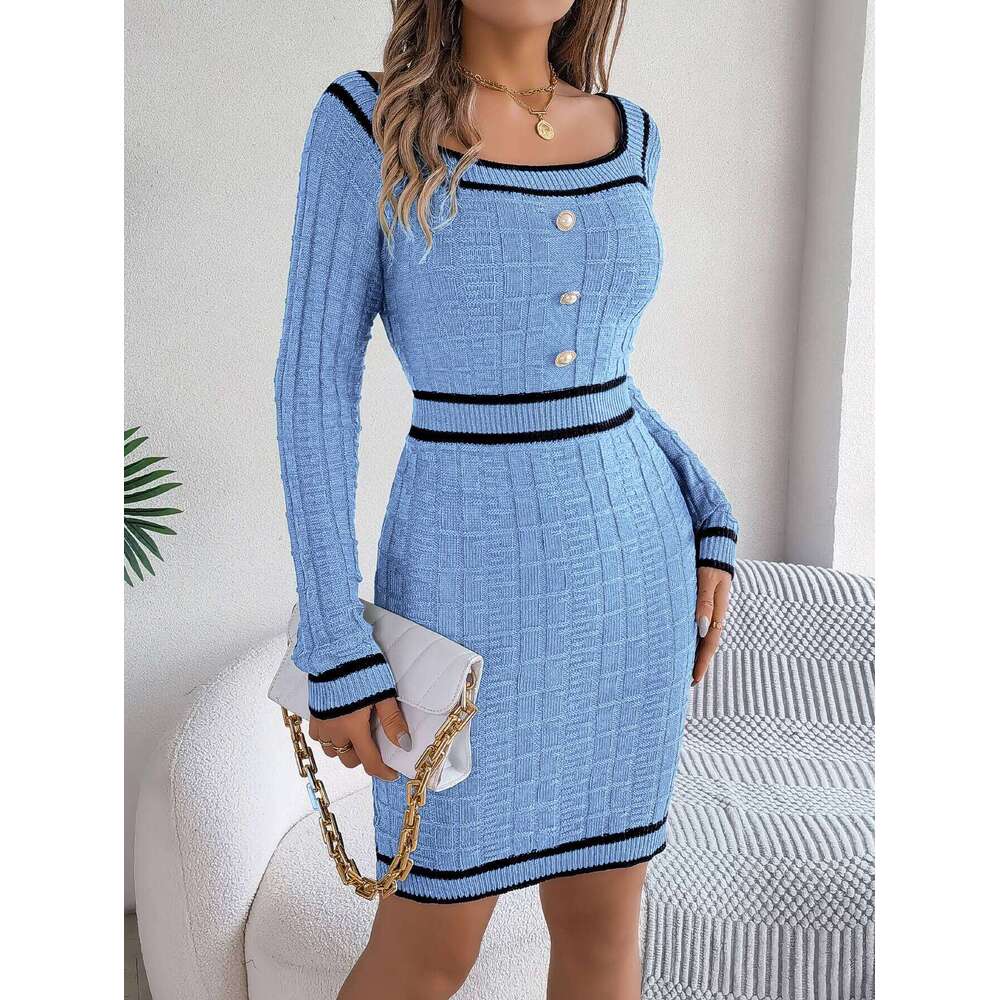 Autumn Winter Casual Elegant Square Collar Button Decoration Knitted Long Sleeve Bodycon Dress for Women XJ260131