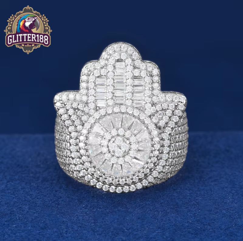 Eyes Hamsa Hand S925 Iced Out Rings for Men Hip Hop Luxulry Finger Sterling Silver Fine Jewelry