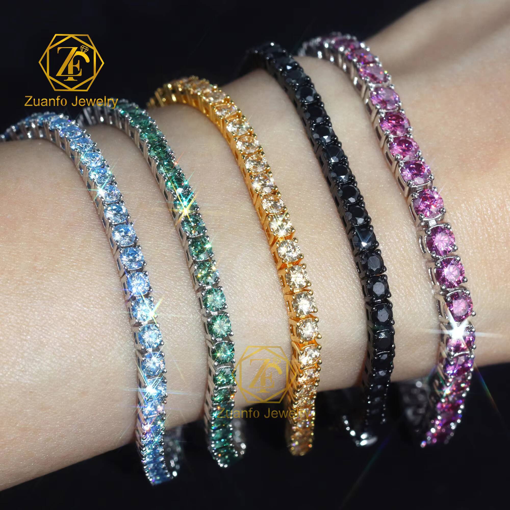 ZuanfoJewelry Customize Moissanite Chain 3/4/5mm 18k Gold Plated Silver Yellow Blue Green Hiphop Tennis Chain Bracelets