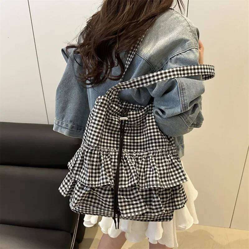 Large Capaci Cute Plaid Cotton Tote Bag Lace Trim Women's Summer 2025 Simple Lady Handbag Soft Shoulder Bags Bolsa Feminina