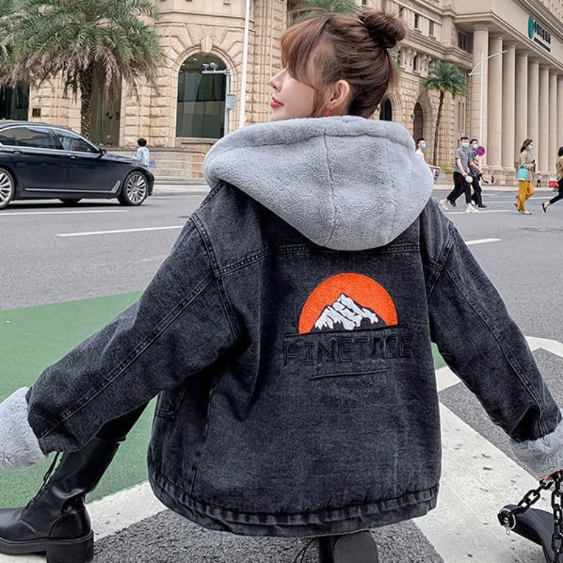 Womens Loose Allmatch Fleece Thickened Hooded Denim Jacket 260120