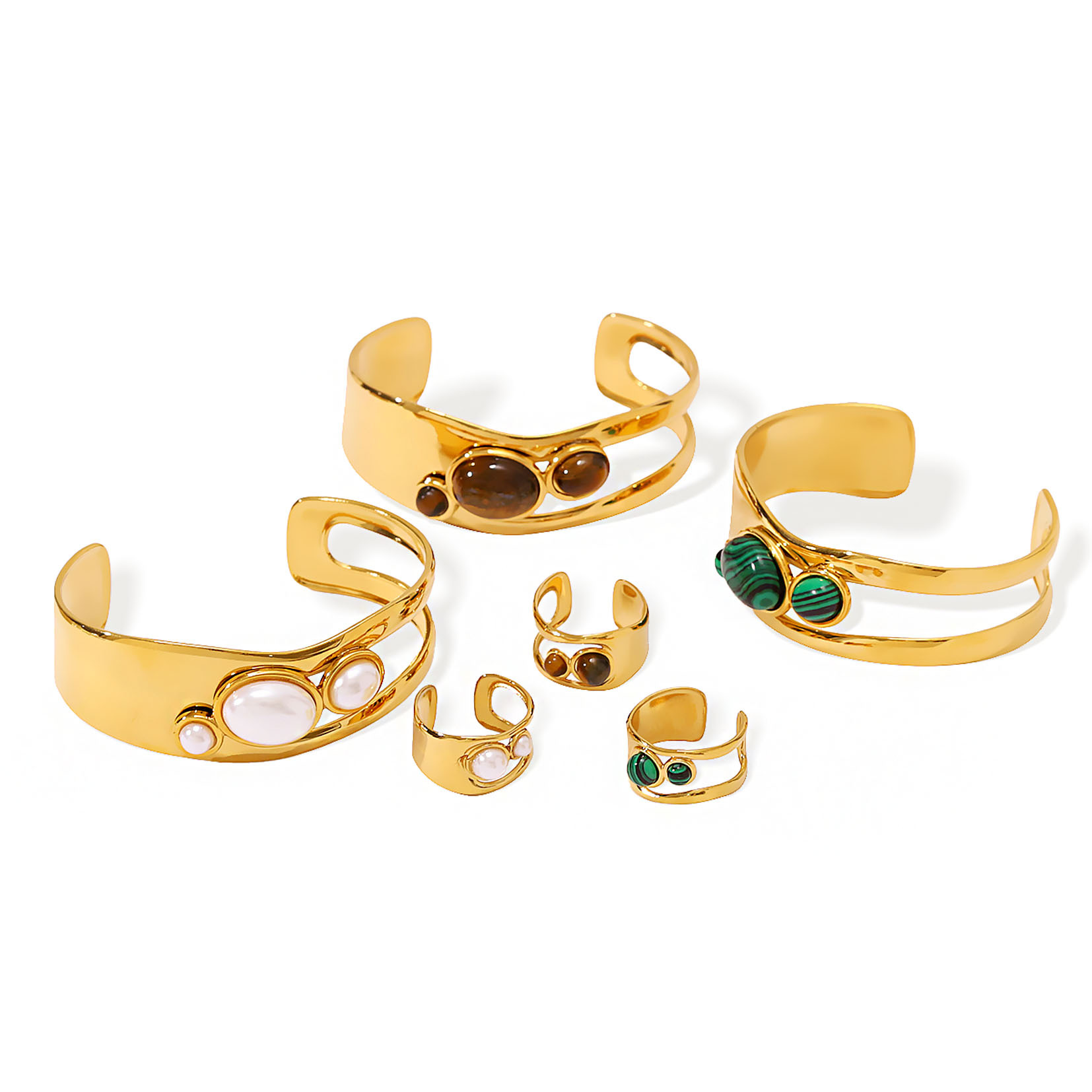 French Natural Stone European American Vintage Open Ring Stainless Steel Gold-plated Bracelet Ring Combination Fashion Bangle