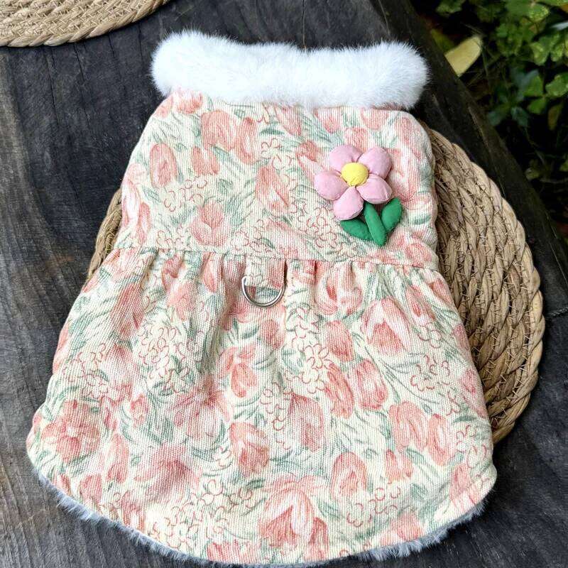 Flower Puppy Tulip Pet Clothes Teddy Dress Winter Warmth Skirt Thickened Dog Cotton Coat with Traction Buckle H260130