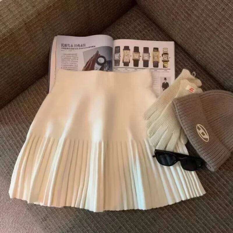 Korean Sweet Elegant Mini Skirts Women Y2K High Waist Elastic Pleated Autumn Winter Casual Vintage Fashion Knitted Skirt XJ260131
