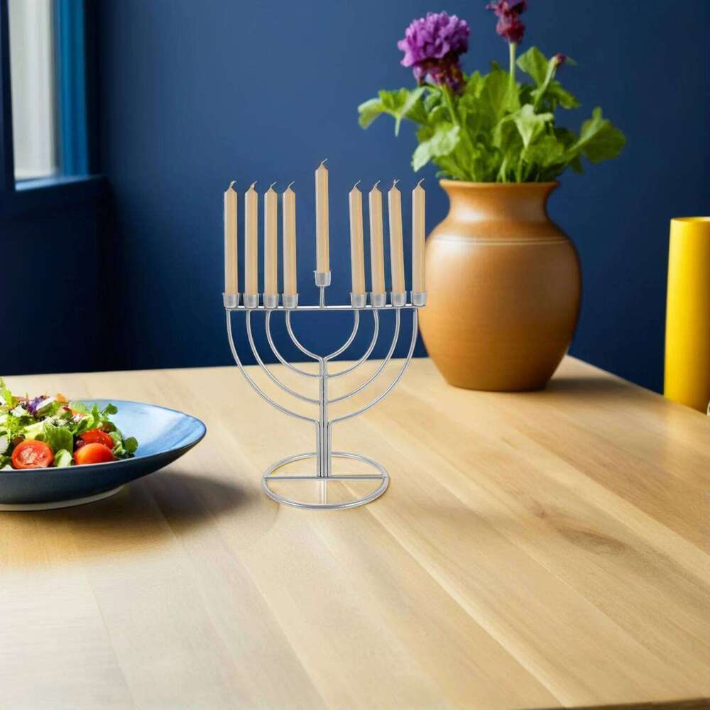Hanukkah Menorah 9-Branch Pillar Stand Alloy Holder Religious Tabletop Decor Nine-Branched Candlestick Y260131