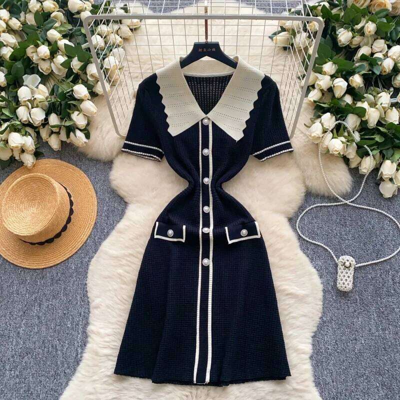 Elegant Knitted Slim Fit Summer Clothes Women Short Sleeve Polo-Neck Bodycon Midi Dresses OL Style Knitting Dress Vestidos XJ260131