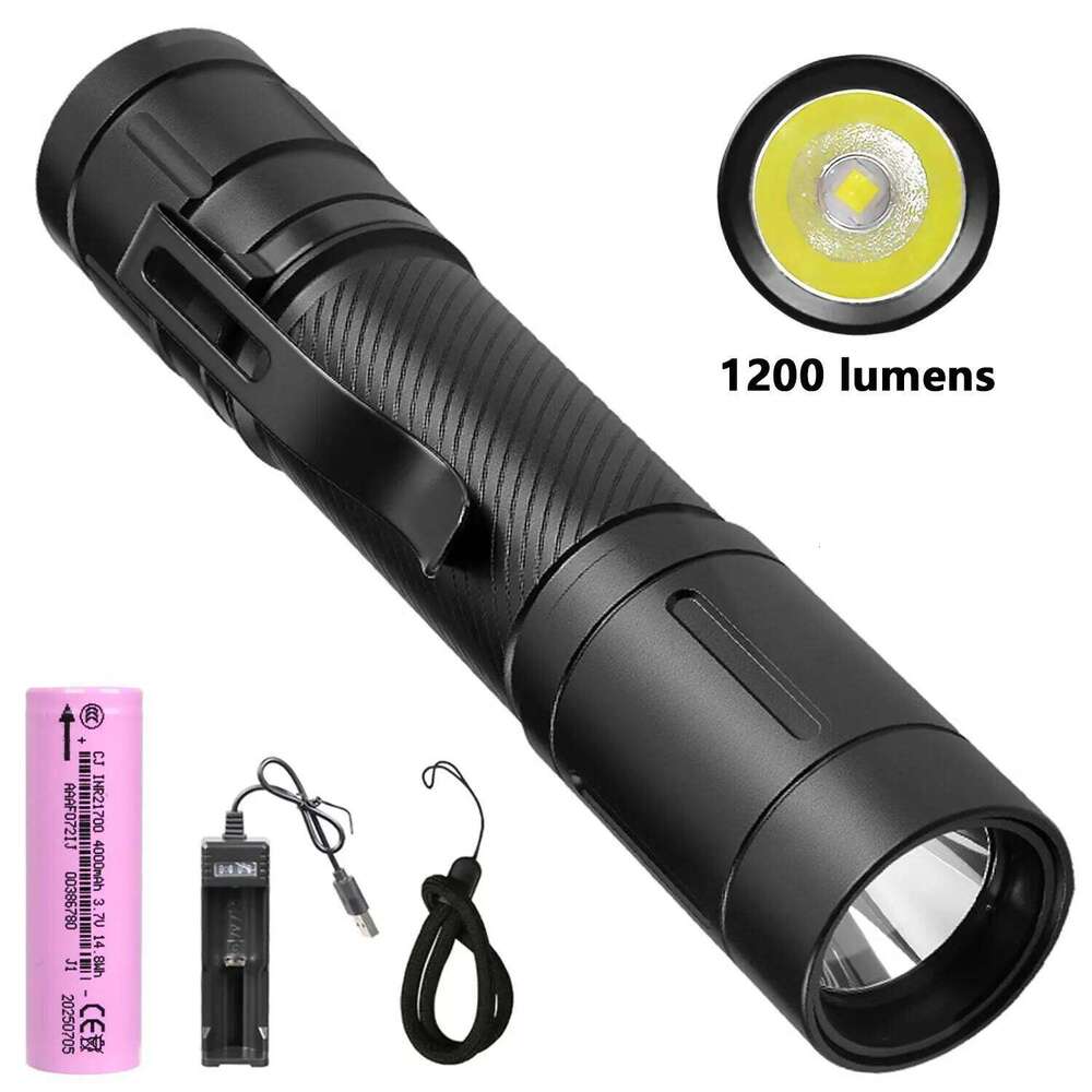 1200LM Portable Tactical Flashlight, 6 Lighting Modes, 360 Clip,High Brightness Torch Built-in 21700 Battery Emergency Light H260131