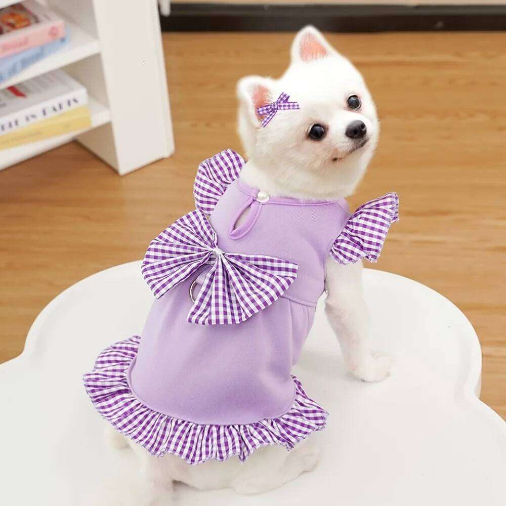 Bow Plaid Puppy Princess Dress Polyester Cute Summer Dog Skirt with Pulling Buckle Solid Color Pet Clothing for Cats Kitten H260130