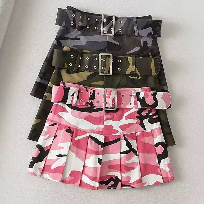 Street Women Pink Camouflage Mini Dance School Girls High Waist Belt Camo Pleated Skirt Cosplay A Line Skirts New XJ260131