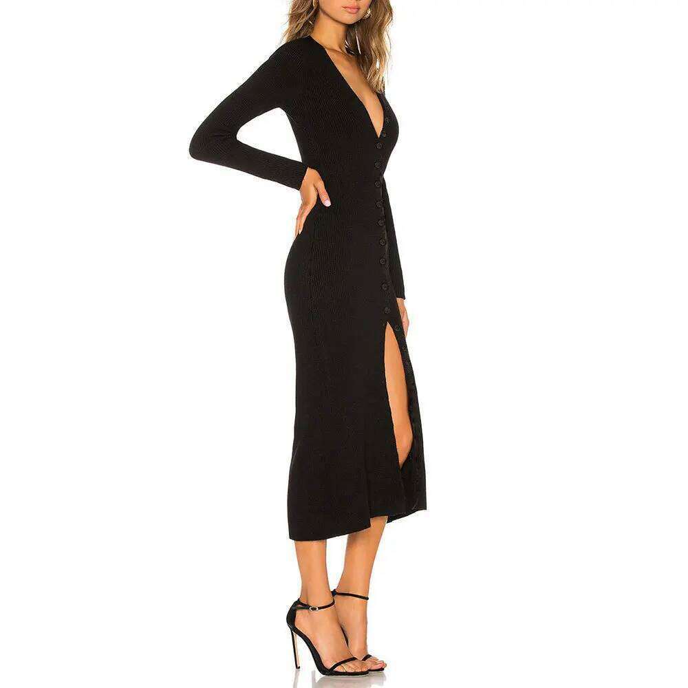 Robe Femme Spring Autumn New Sexy Elastic Wrap Hip Slim Single Breasted V-Neck Long Sleeved Knitted Dress Solid Color For Party XJ260131