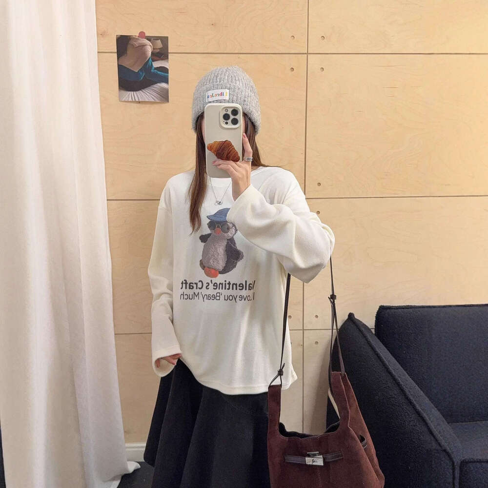South Korea Dongdaemun Cashmere Texture Blue Hat Penguin Print Lazy Style T-Shirt For Women Autumn Winter New Long Sleeve Top