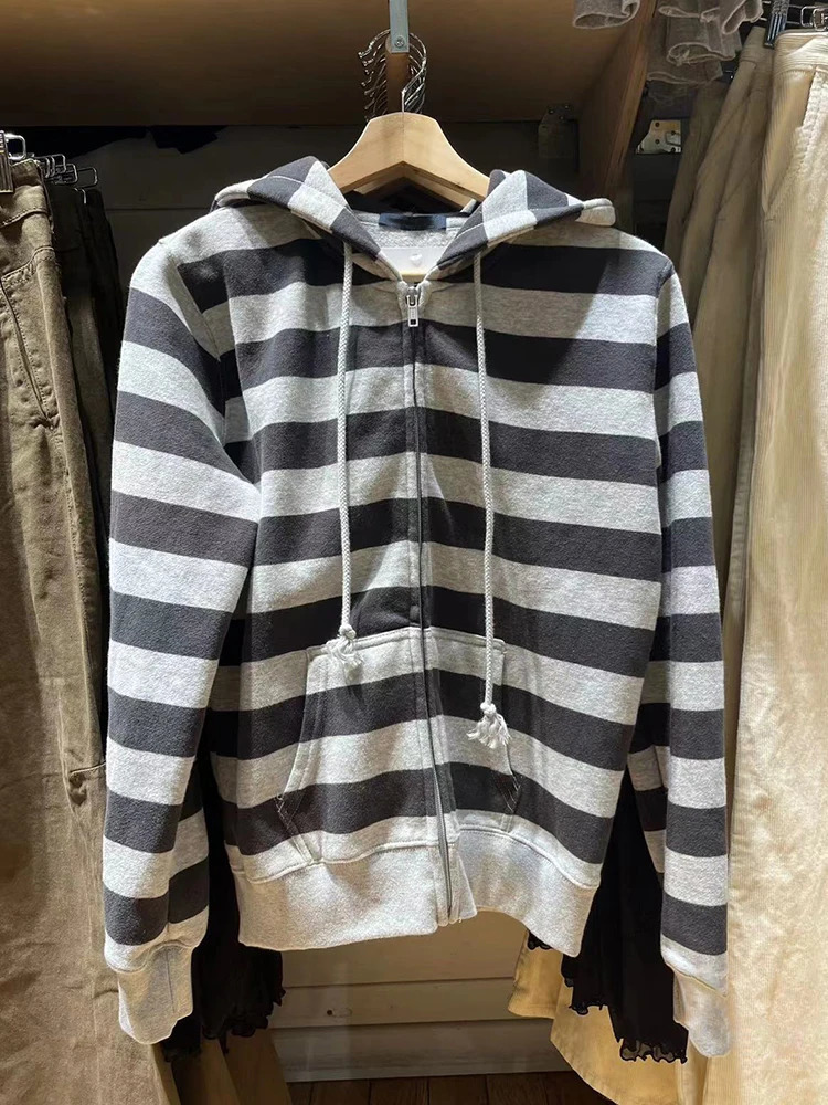 Striped Patchwork Zip-up Hoodie Autumn Cotton Pocket Drawstring Hooded Sweatshirt Women Y2k Streetwear Vintage Loose Tops Jacket 260120