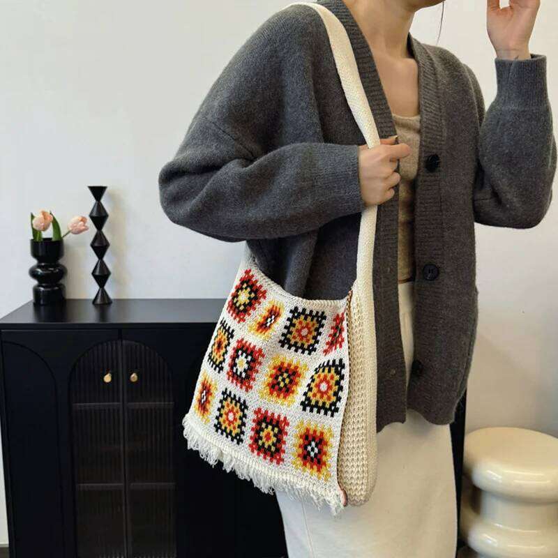 Stylish Tote Large Capacity Space-Saving Women Cut-out Knitted Handbag Casual Crochet Shopping Bag XJ260130