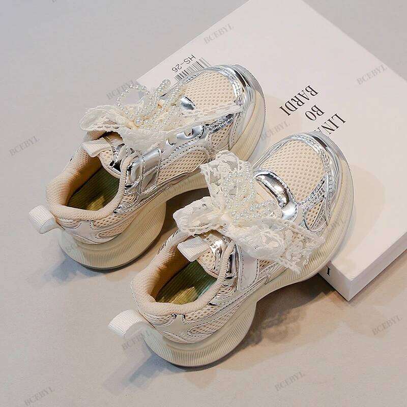 Baby Hot Sale Spring/Autumn Fashion Breathable Thick Sole Bow Beaded Sport Soft Walking Sports Casual Kid Vulcanized Shoes Y260128
