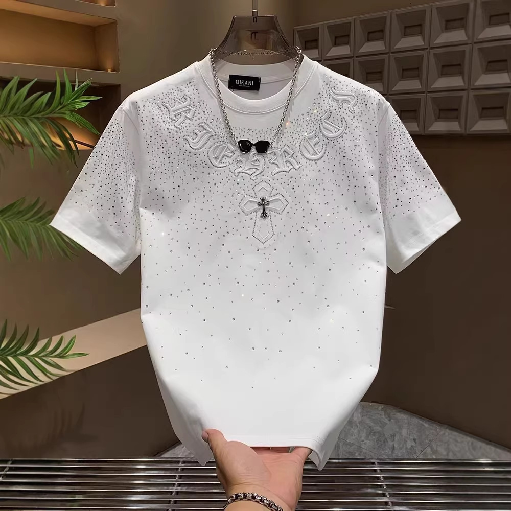 Designer Luxury Unisex Black Cotton T Shirt All Over Rhinestones Gothic Embossed Letter Silver Cross Embroidery Oversized Short Sleeve Gothic Punk Lux - view 4