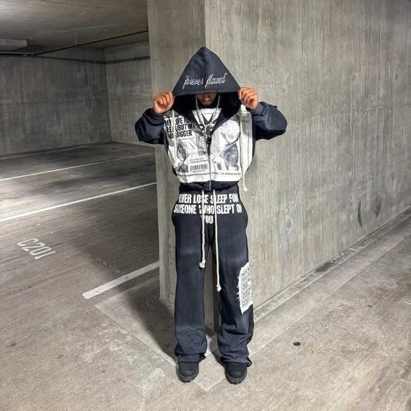 retro patchwork men zipper New hoodie high street fashion sports pants Y2K Harajuku Goth two-piece sportswear for men and women J260731 - view 3