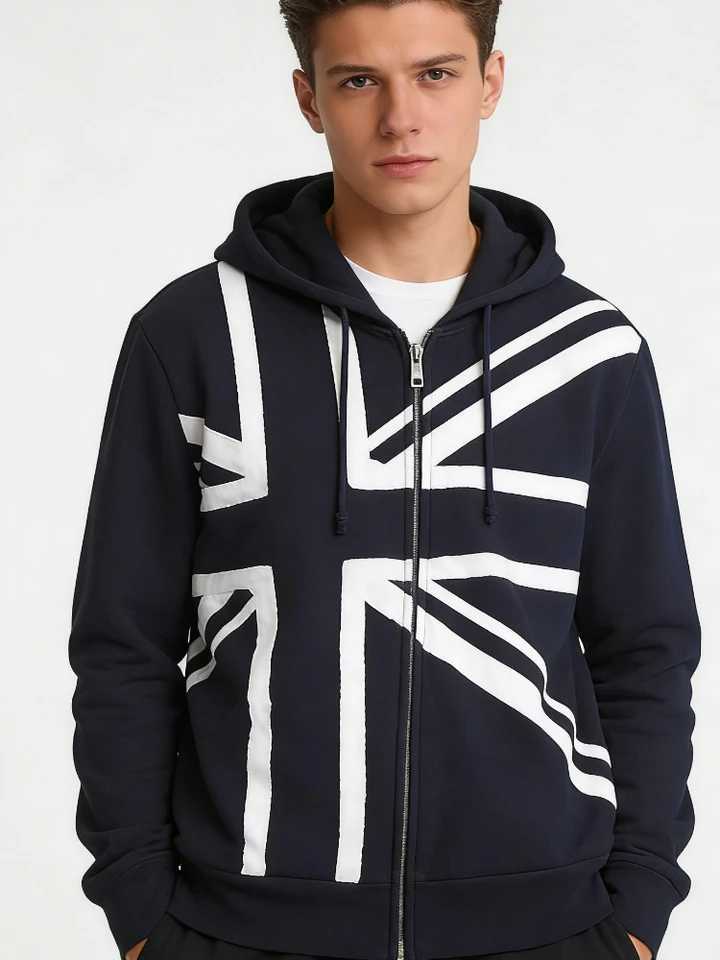 Aesthetic Men's and Women's Punk Hoodie Black Union Jack Decal Detail Cut Zipper Hoodie 2026 J260731 - view 3