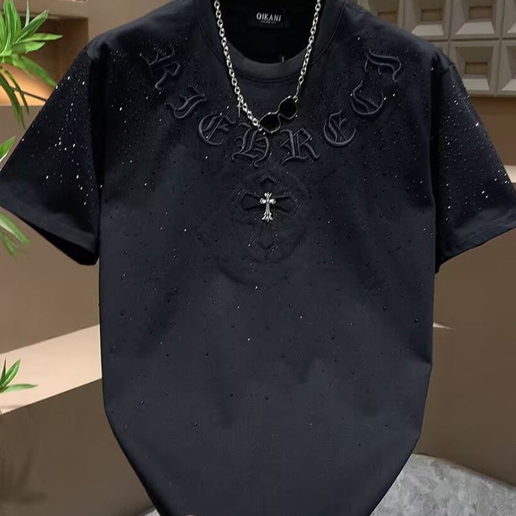 Designer Luxury Unisex Black Cotton T Shirt All Over Rhinestones Gothic Embossed Letter Silver Cross Embroidery Oversized Short Sleeve Gothic Punk Lux
