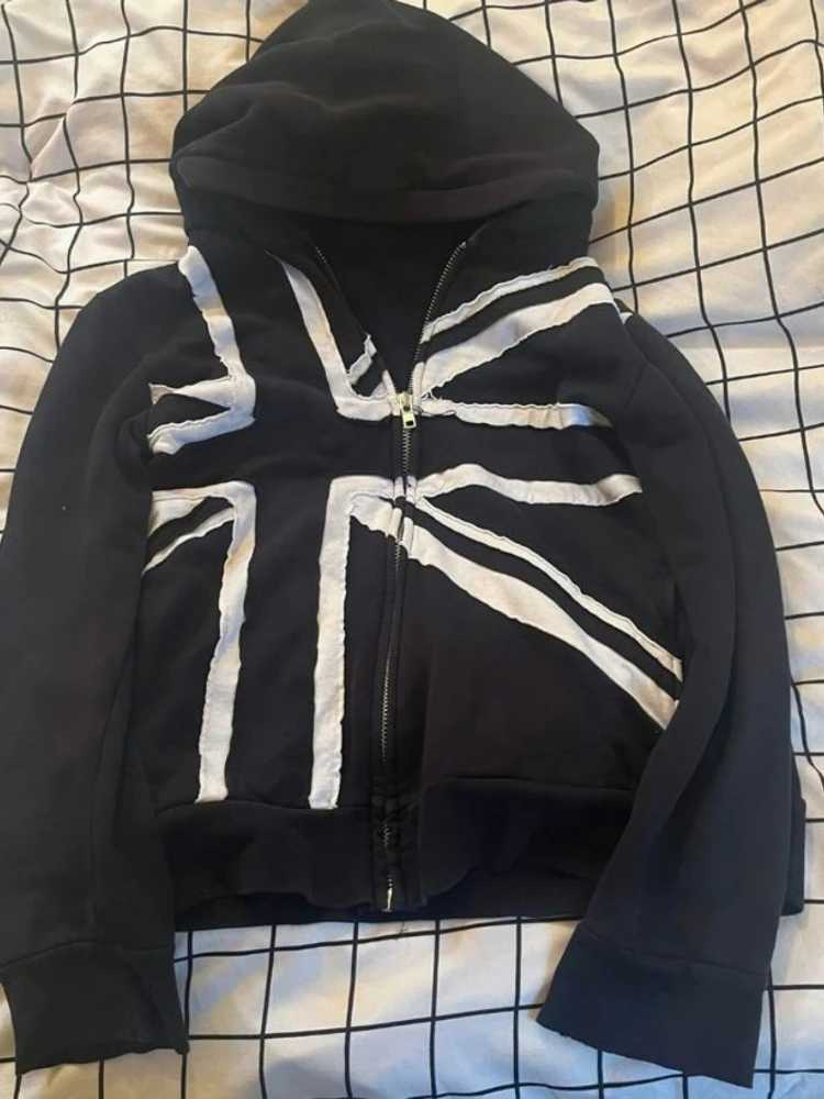 Aesthetic Men's and Women's Punk Hoodie Black Union Jack Decal Detail Cut Zipper Hoodie 2026 J260731 - view 5