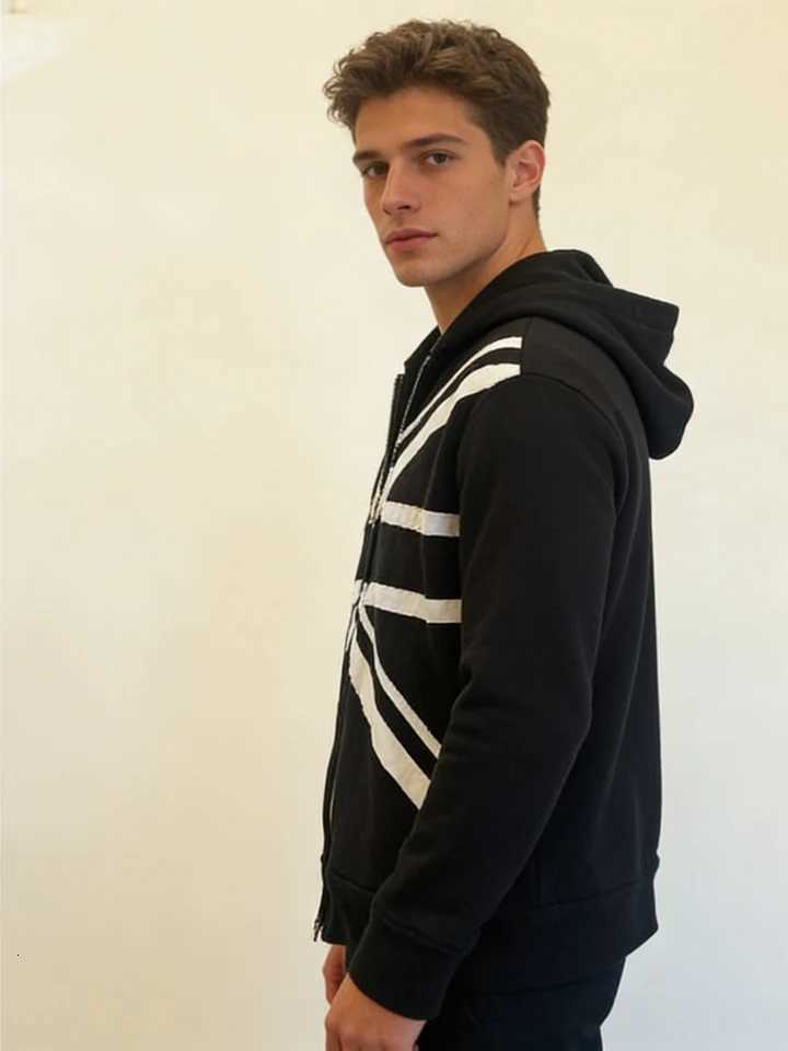 Aesthetic Men's and Women's Punk Hoodie Black Union Jack Decal Detail Cut Zipper Hoodie 2026 J260731