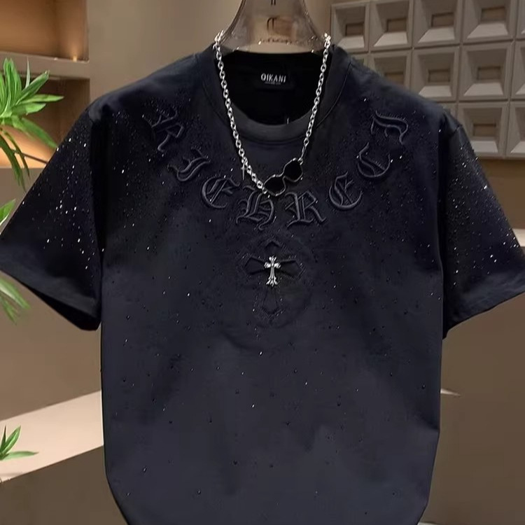 Designer Luxury Unisex Black Cotton T Shirt All Over Rhinestones Gothic Embossed Letter Silver Cross Embroidery Oversized Short Sleeve Gothic Punk Lux - view 6