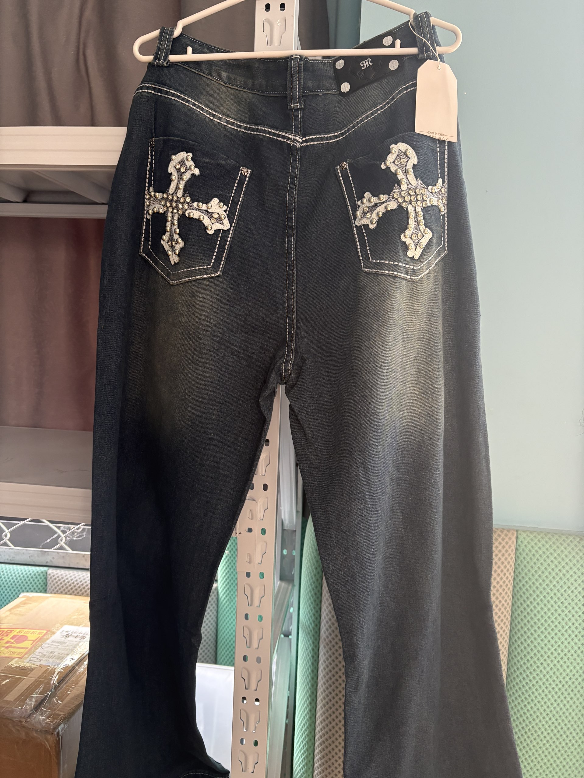Y2K New Gothic Blue Denim Embroidery Harajuku Wide Pants Revival Mens Jeans Foliage Bootcut Women Pocket Hip Hop Streetwear H260513 - view 9