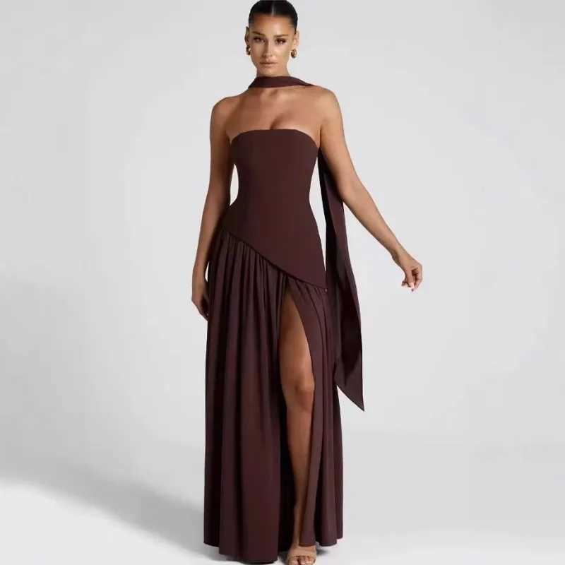 Estate Elegante Moda Sexy Fessura Backless Festa Serale Cerimonia Abiti Lunghi Fluidi Per Le Donne Vestono Con Sciarpa T260801-image