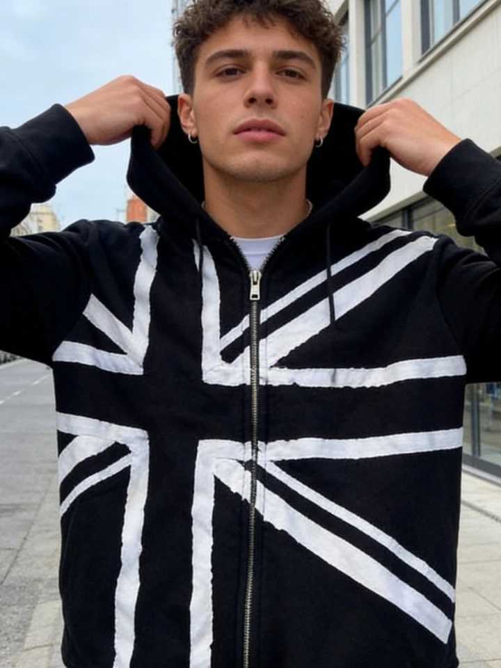 Aesthetic Men's and Women's Punk Hoodie Black Union Jack Decal Detail Cut Zipper Hoodie 2026 J260731 - view 4