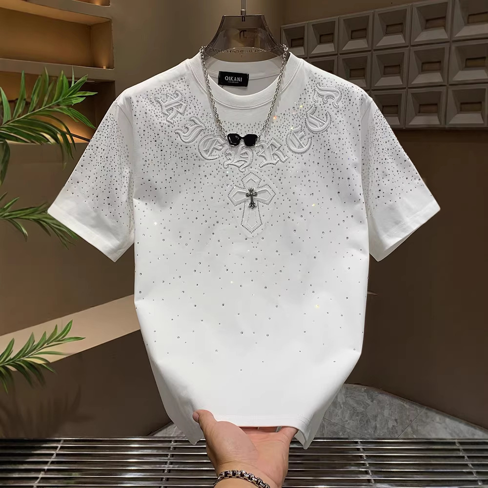 Designer Luxury Unisex Black Cotton T Shirt All Over Rhinestones Gothic Embossed Letter Silver Cross Embroidery Oversized Short Sleeve Gothic Punk Lux - view 3