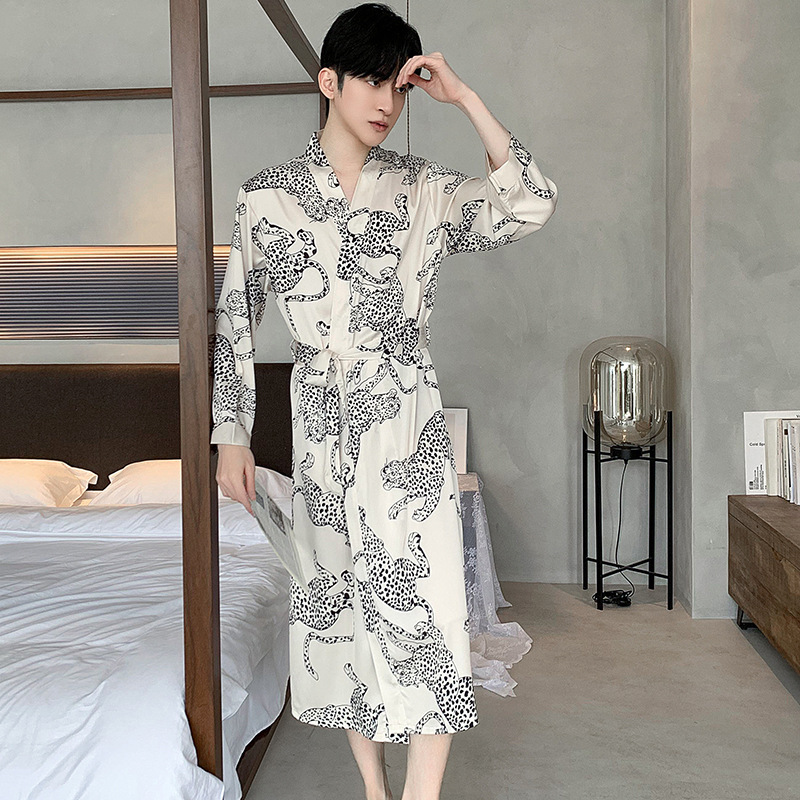2026 New Designer Men's Leopard Pattern Pajamas Spring And Autumn Ice Silk Robe Summer Thin Long Sleeve Imitation Silk Home Clothes Plus Large Ba - view 4