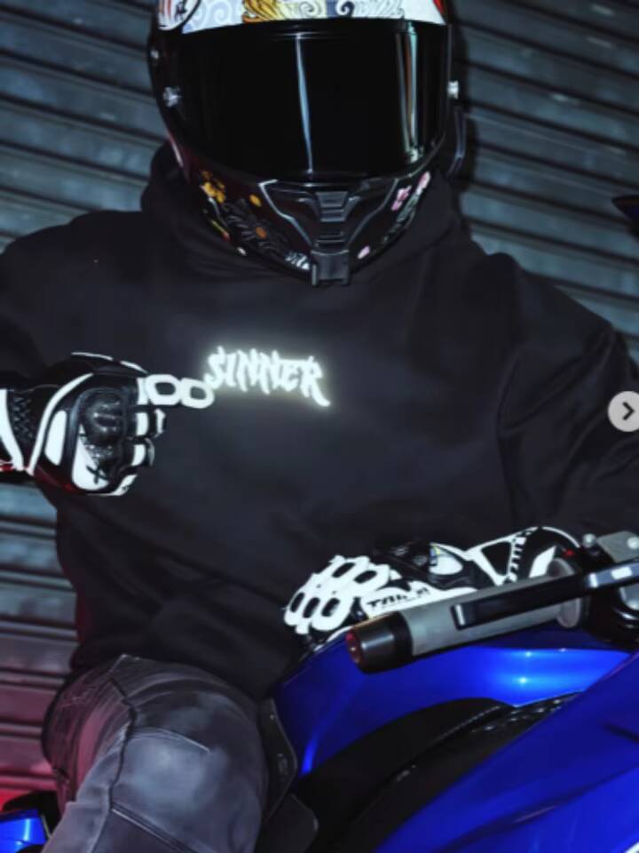 Mens Gothic Sinner Letter Print Reflective Hoodie Streetwear Unisex Hooded Sweatshirt Y2K Punk Hip Hop Loose Pullover Top New - view 6