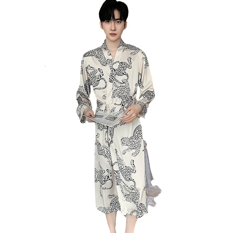 2026 New Designer Men's Leopard Pattern Pajamas Spring And Autumn Ice Silk Robe Summer Thin Long Sleeve Imitation Silk Home Clothes Plus Large Ba - view 7