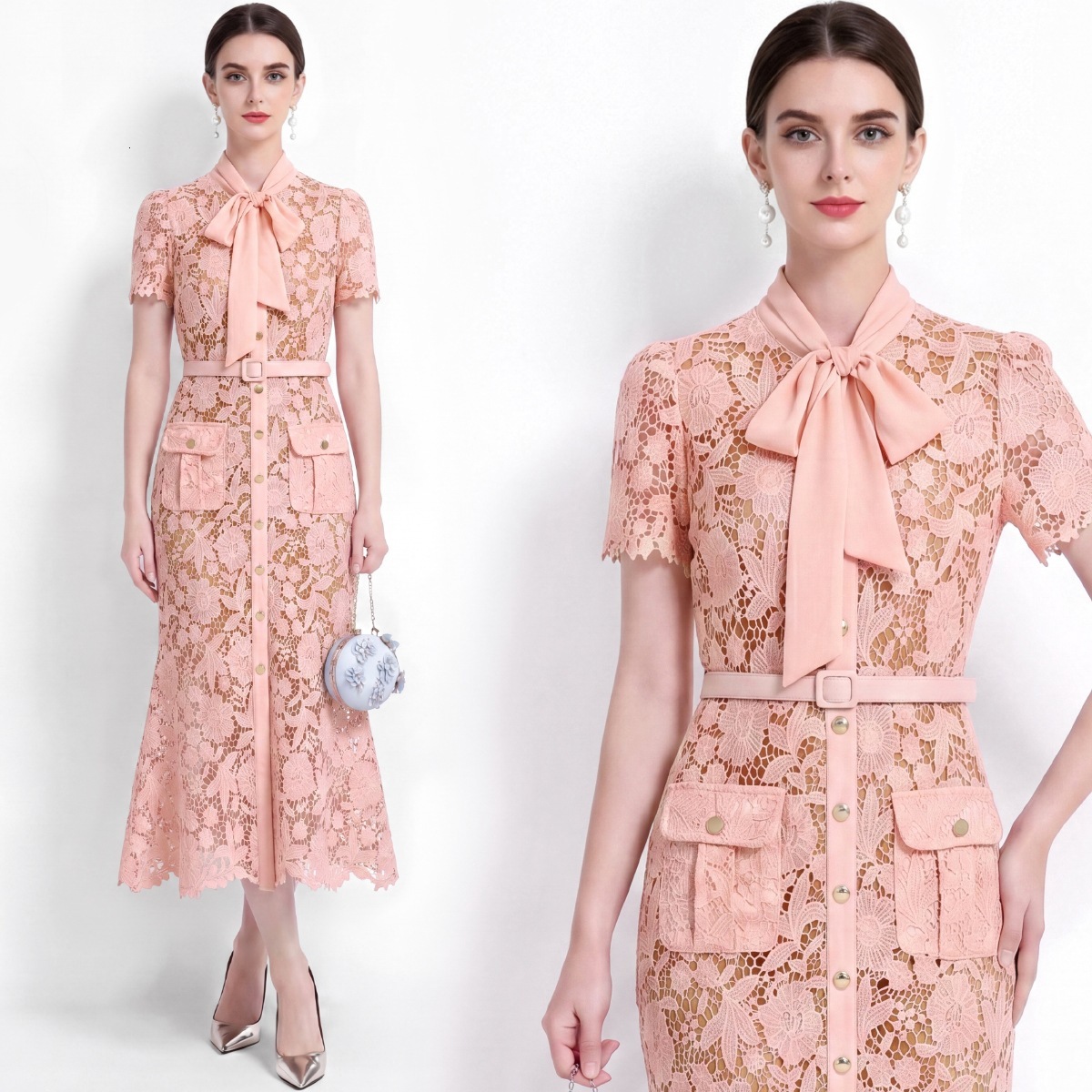 Elegant Short-Sleeved Water-Soluble Lace Dress Slim-Fit Waist-Cinching Fishtail Dress With Belt
