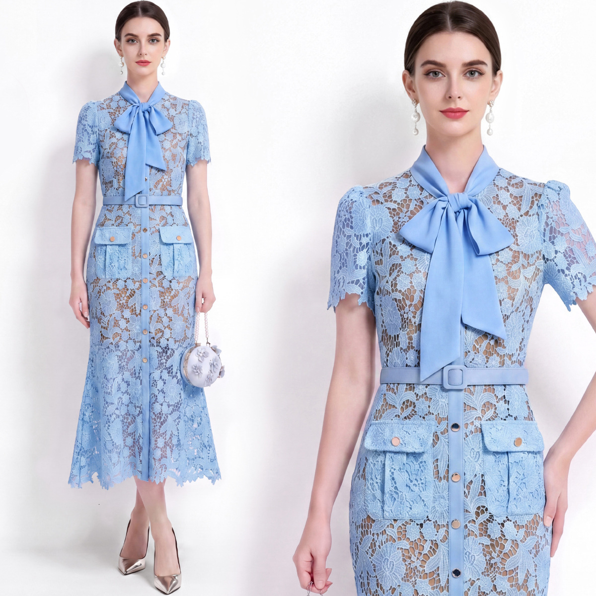Elegant Short-Sleeved Water-Soluble Lace Dress Slim-Fit Waist-Cinching Fishtail Dress With Belt - view 3